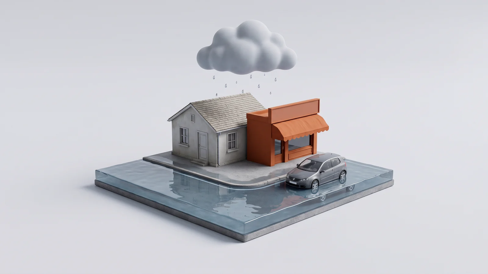Maquete de uma esquina alagada: uma casa, uma loja com toldo laranja e um carro com água até as rodas, sob uma nuvem de chuva.