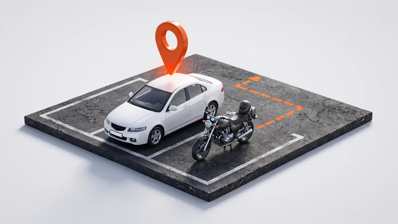 Carro branco e moto em miniatura estacionados lado a lado, com um marcador de mapa laranja sobre o carro e uma rota tracejada no asfalto.