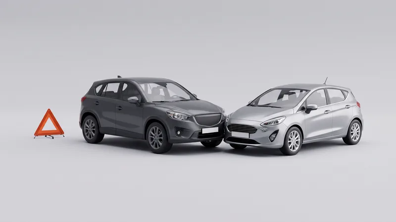 Dois carros em miniatura parados lado a lado depois de uma batida leve, um SUV grafite e um hatch prateado encostados pela frente, com um triângulo de sinalização laranja no chão.