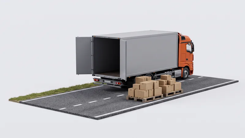 Caminhão em miniatura com cabine laranja e baú aberto numa estrada, com dois paletes de caixas de papelão ao lado.