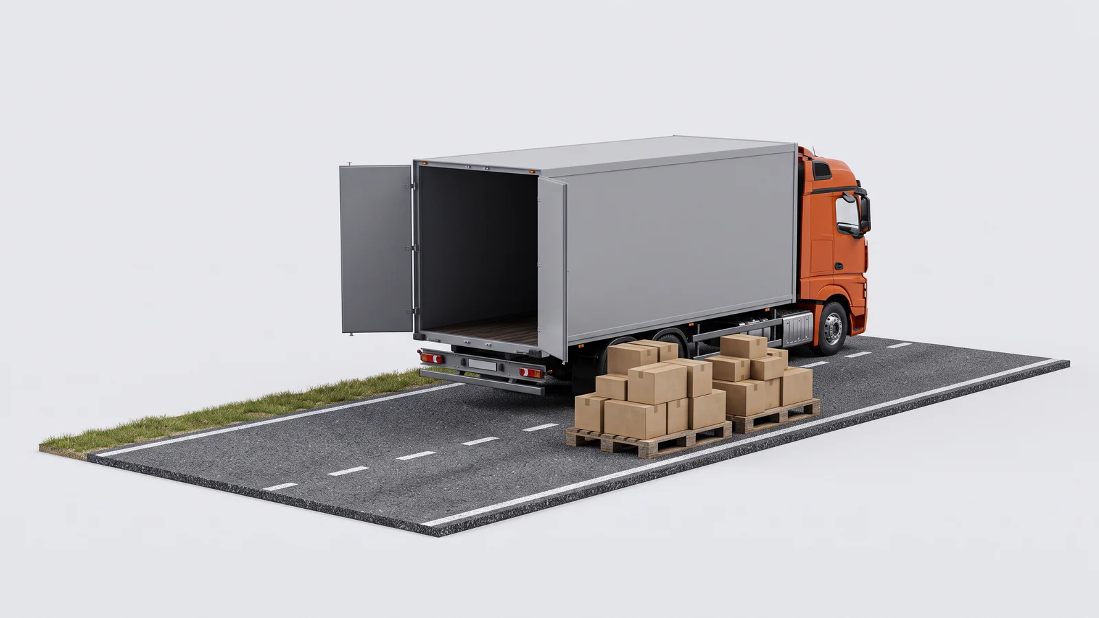 Caminhão em miniatura com cabine laranja e baú aberto numa estrada, com dois paletes de caixas de papelão ao lado.