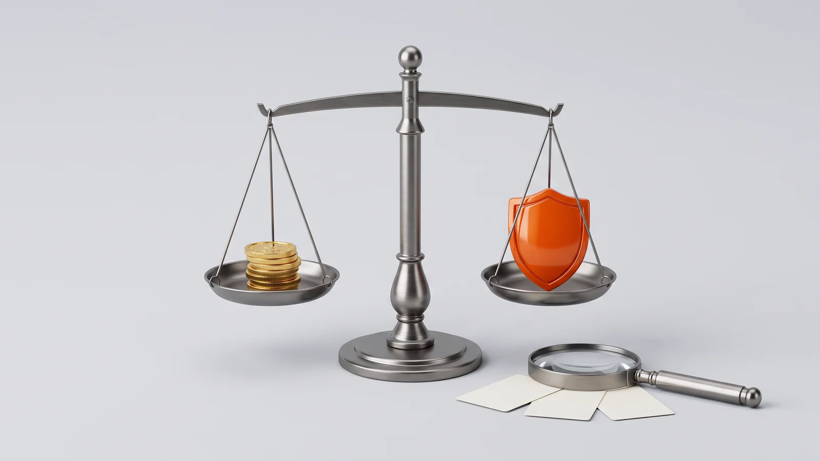Balança equilibrada com moedas de um lado e um escudo laranja do outro, e uma lupa sobre três cartões em branco.
