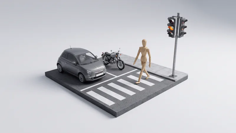 Maquete de uma rua com faixa de pedestres: um carro e uma moto parados, um boneco de madeira atravessando e o semáforo no amarelo.