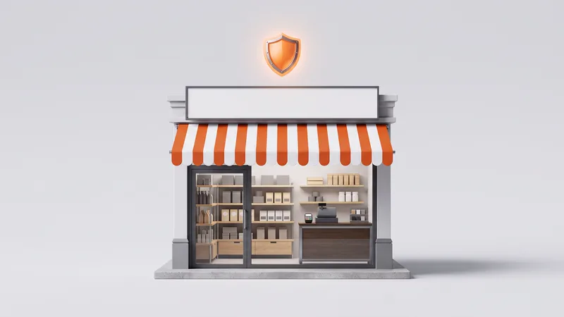 Loja em miniatura com toldo listrado laranja e branco, vitrine com prateleiras e balcão, e um escudo laranja brilhando acima dela.