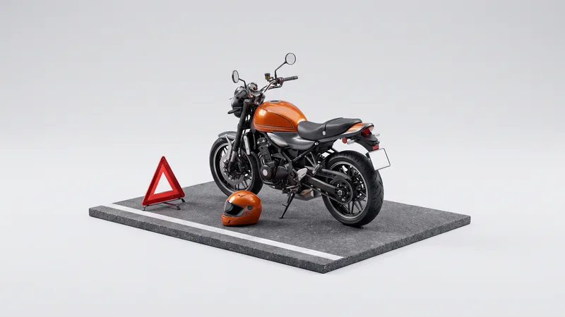 Moto em miniatura com tanque laranja parada sobre um pedaço de asfalto, com um capacete laranja no chão e um triângulo de sinalização ao lado.