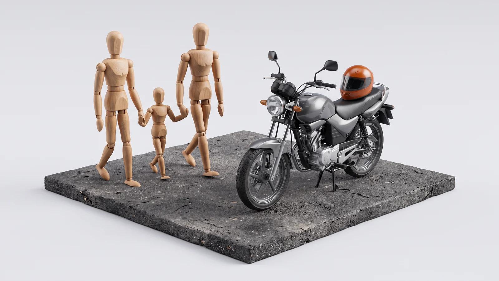 Família de três bonecos de madeira, de mãos dadas, ao lado de uma moto com um capacete laranja sobre o banco.
