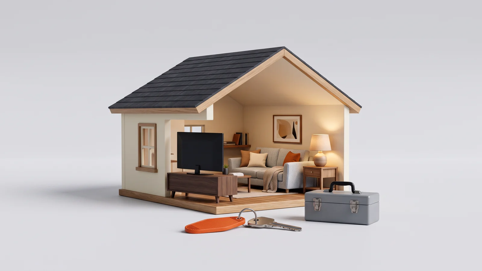 Casa em miniatura aberta de um lado, mostrando uma sala com sofá, TV e luminária acesa, com uma chave de chaveiro laranja e uma caixa de ferramentas na frente.