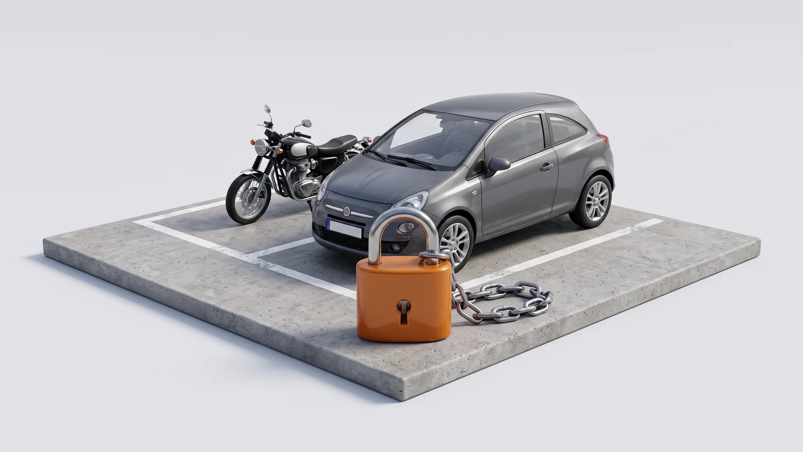 Carro e moto em miniatura numa vaga de estacionamento, com um grande cadeado laranja e uma corrente em primeiro plano.