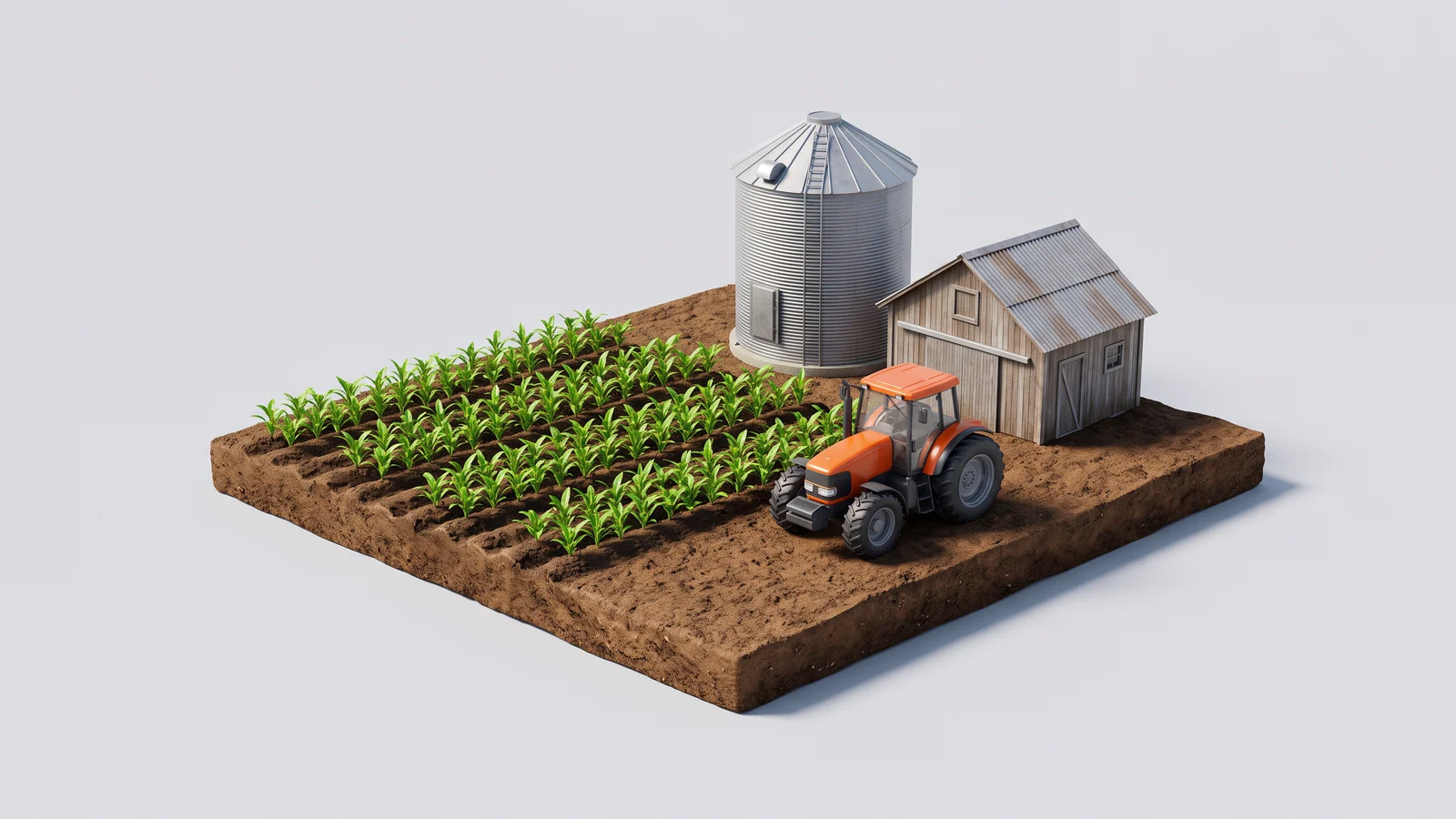 Fazenda em miniatura sobre um bloco de terra, com fileiras de plantação, um trator laranja, um silo de aço e um galpão.