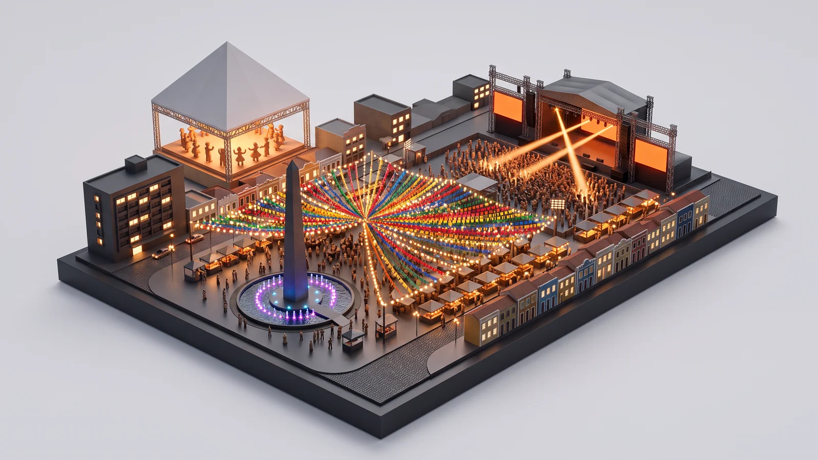 Maquete do São João de Campina Grande à noite: o palco com telões e a multidão, a Pirâmide, bandeirinhas coloridas, barracas, o obelisco com a fonte e as fachadas da cidade cenográfica.
