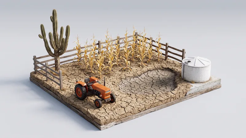 Maquete de um terreno seco e rachado no semiárido, com milho murcho, um mandacaru, uma cisterna, um barreiro quase vazio e um trator laranja parado.