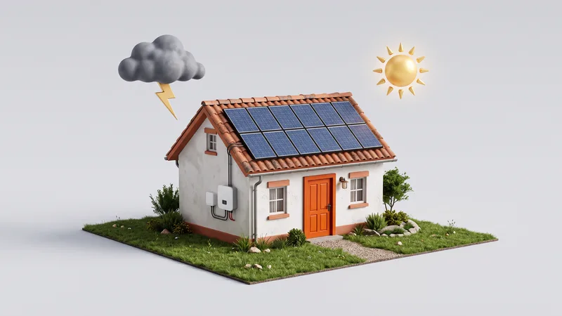 Casa em miniatura com placas solares no telhado e porta laranja, entre uma nuvem com raio e um sol.