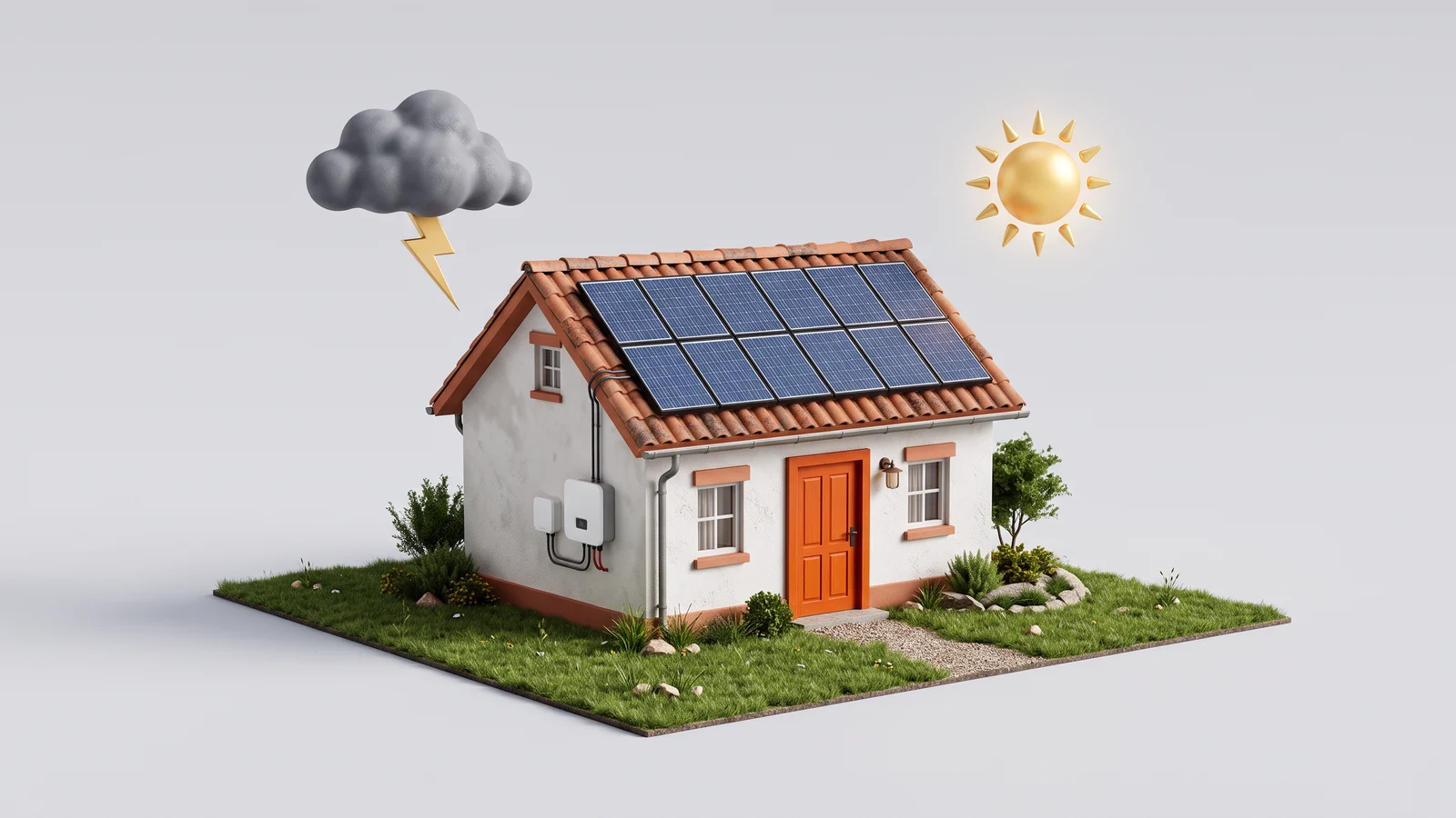 Casa em miniatura com placas solares no telhado e porta laranja, entre uma nuvem com raio e um sol.