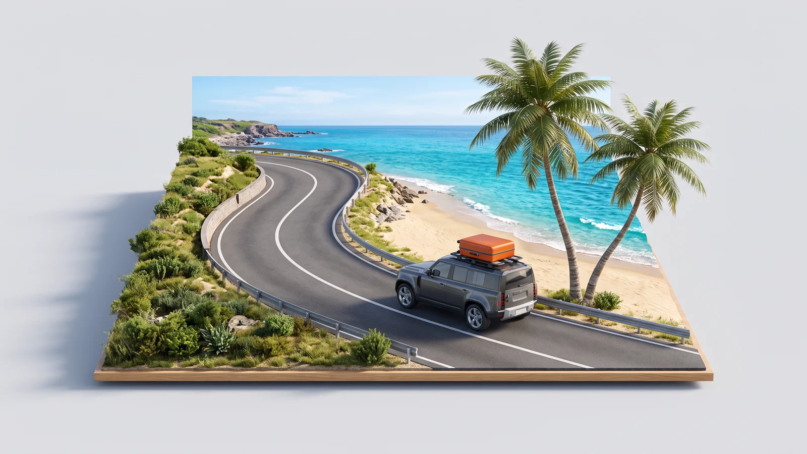SUV em miniatura com uma mala laranja no teto numa estrada à beira-mar, com praia, coqueiros e mar.